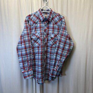 Roper Western Shirt Mens Size Large Blue Red Plaid Pearl Snaps Long Sleeve